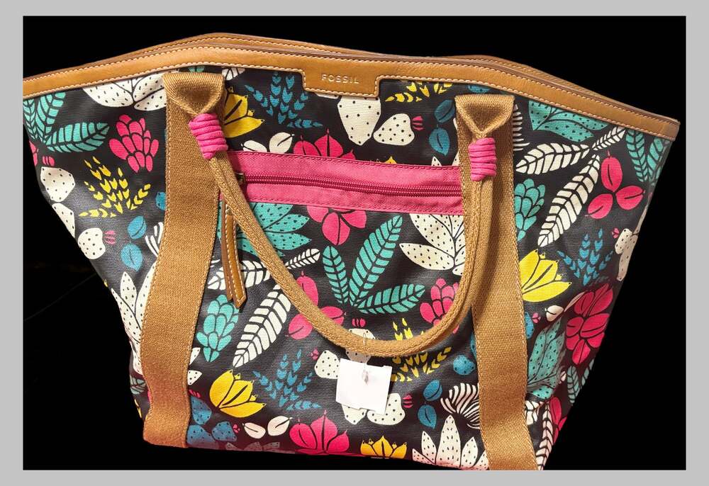 Fossil Floral Canvas Tote Shoulder Bag Multicolor Pink Teal Tan Handles